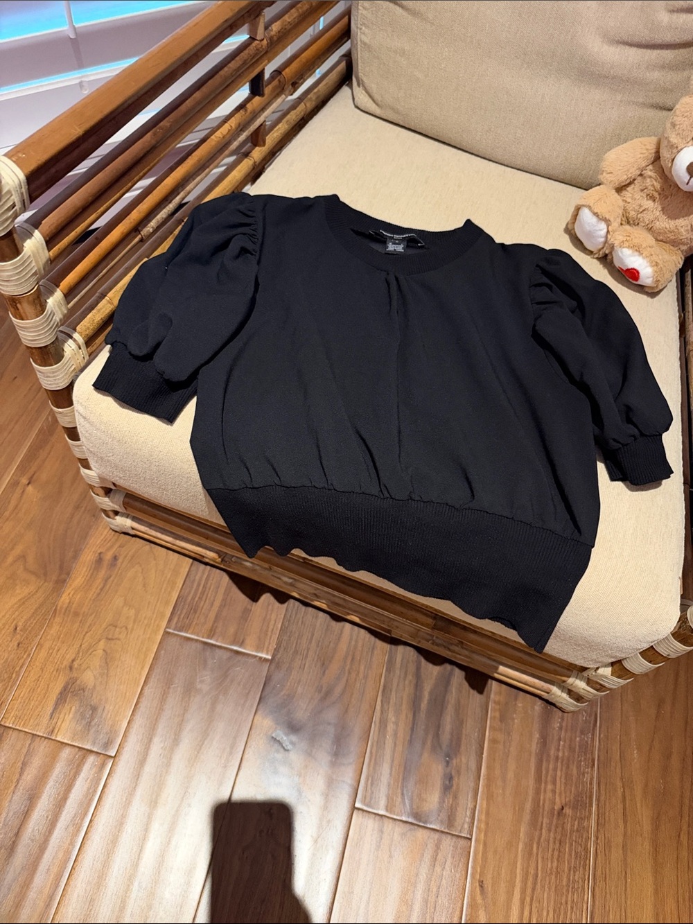 French Connection Black Puff Sleeve top with contrast ribbed hem and cuffs.